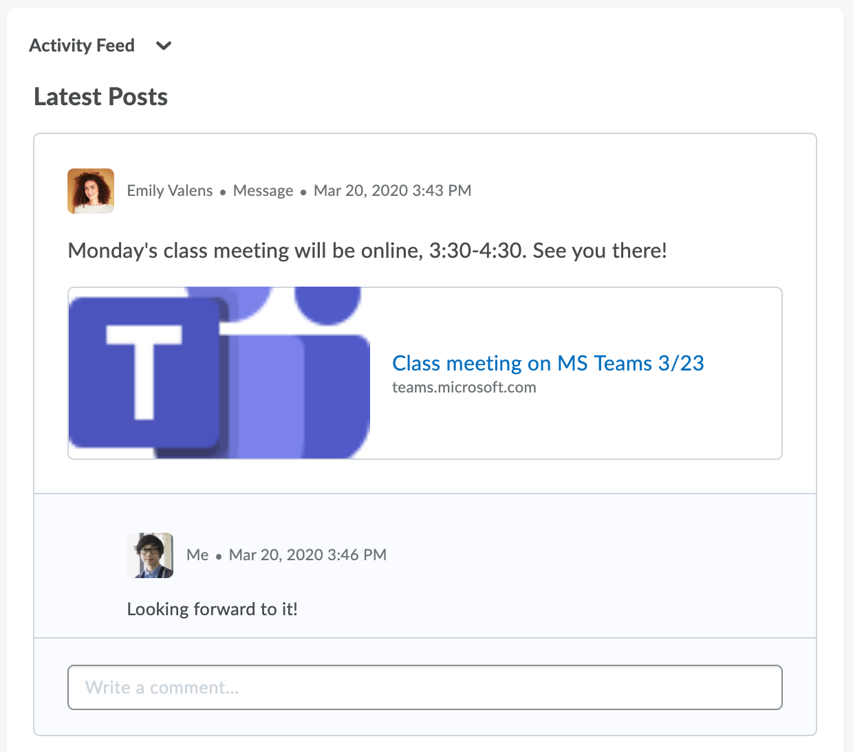 Screenshot of Brightspace Microsoft Teams Activity Feed