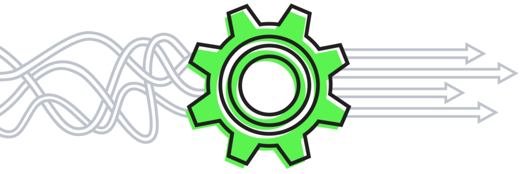 Graphic illustration of tangled wires leading into a gear before coming out clean